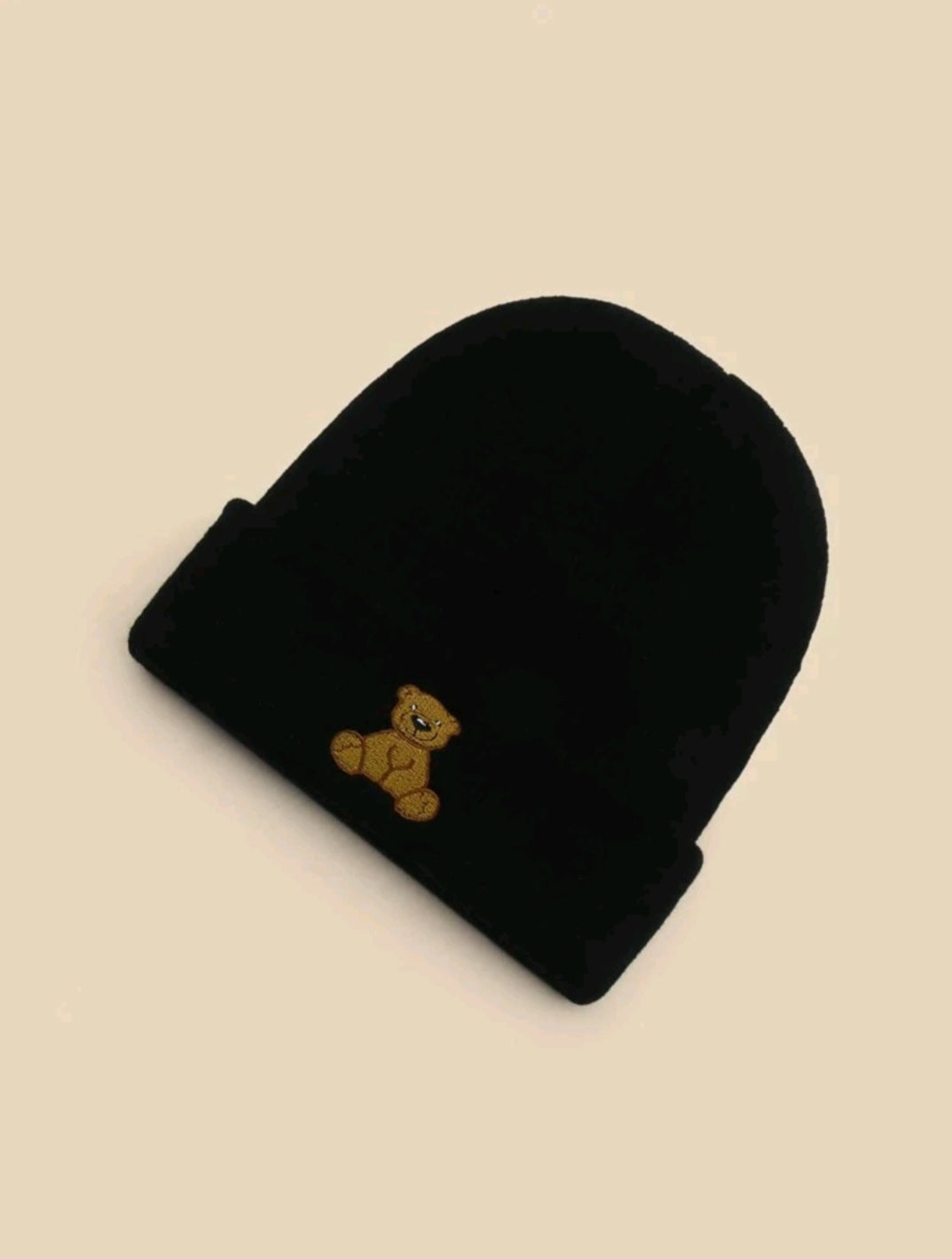 Embroidered Bear Knit Beanie-Black