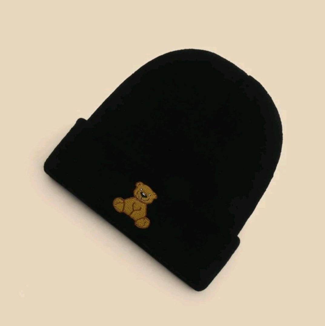 Embroidered Bear Knit Beanie-Black