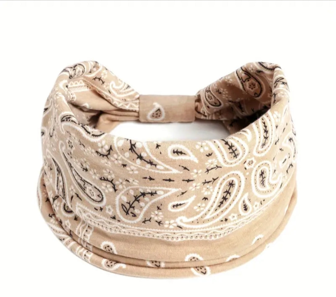 Paisley Boho Knot Headband-Tan