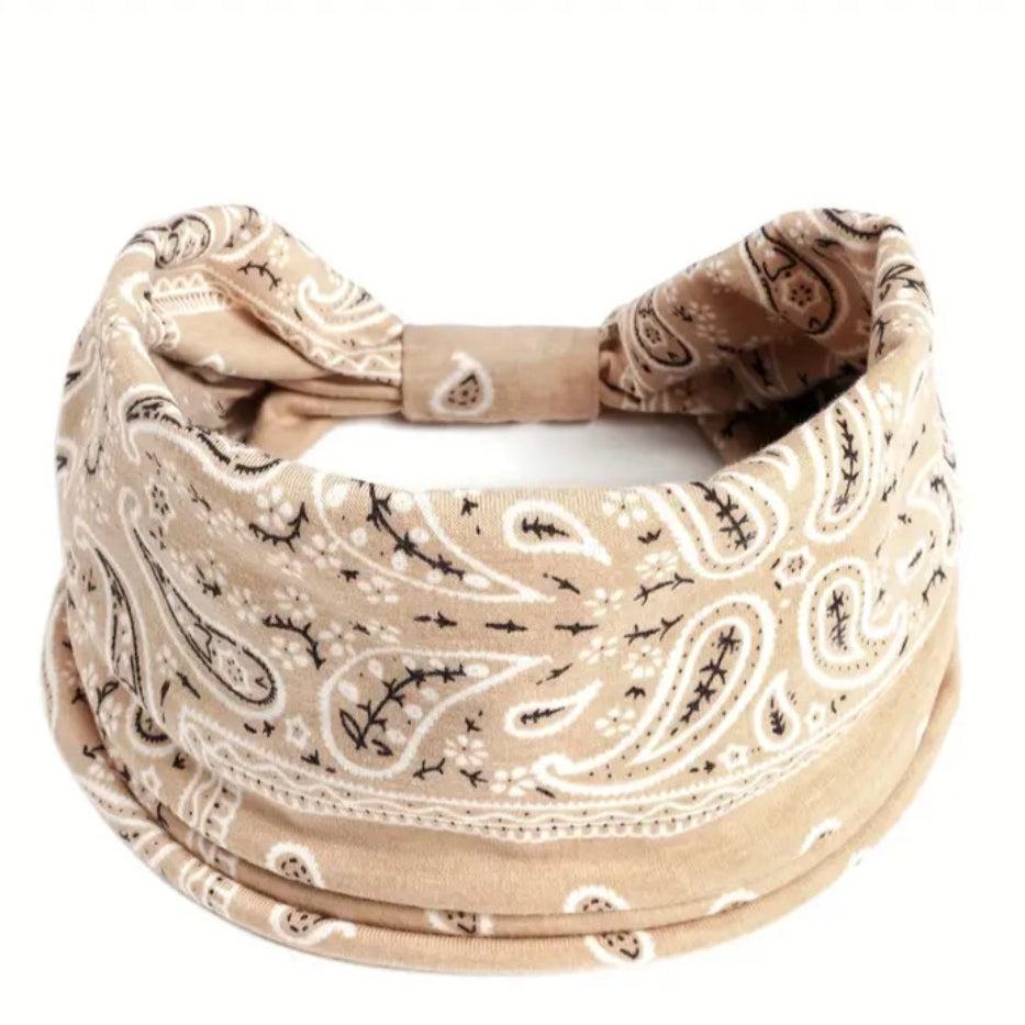 Paisley Boho Knot Headband-Tan