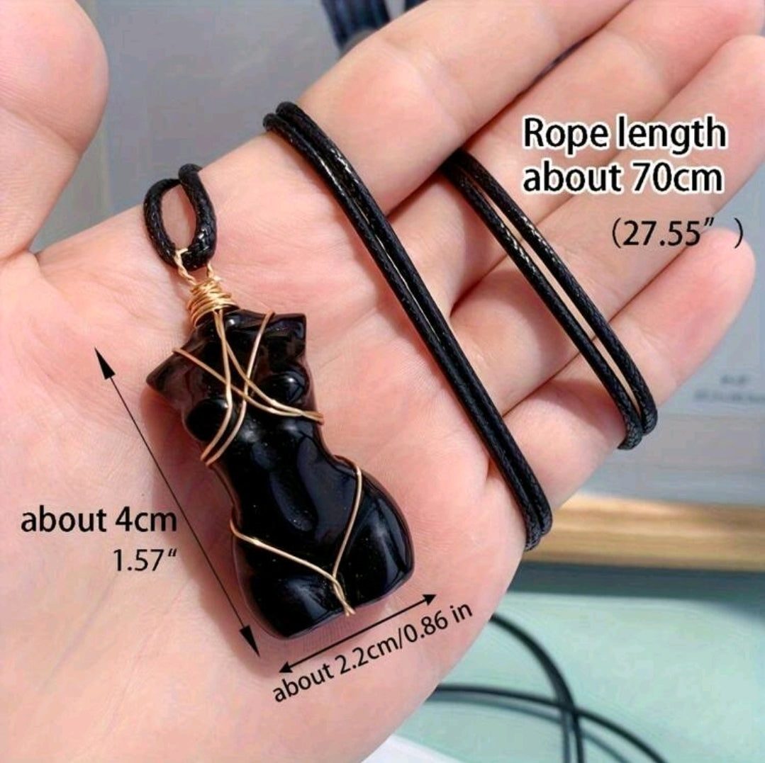 Natural Crystal Quartz Goddess Pendant Necklace-Obsidian