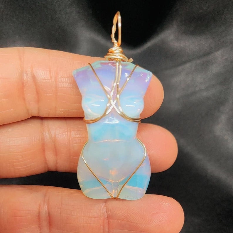 Natural Crystal Quartz Goddess Pendant Necklace-White Opal