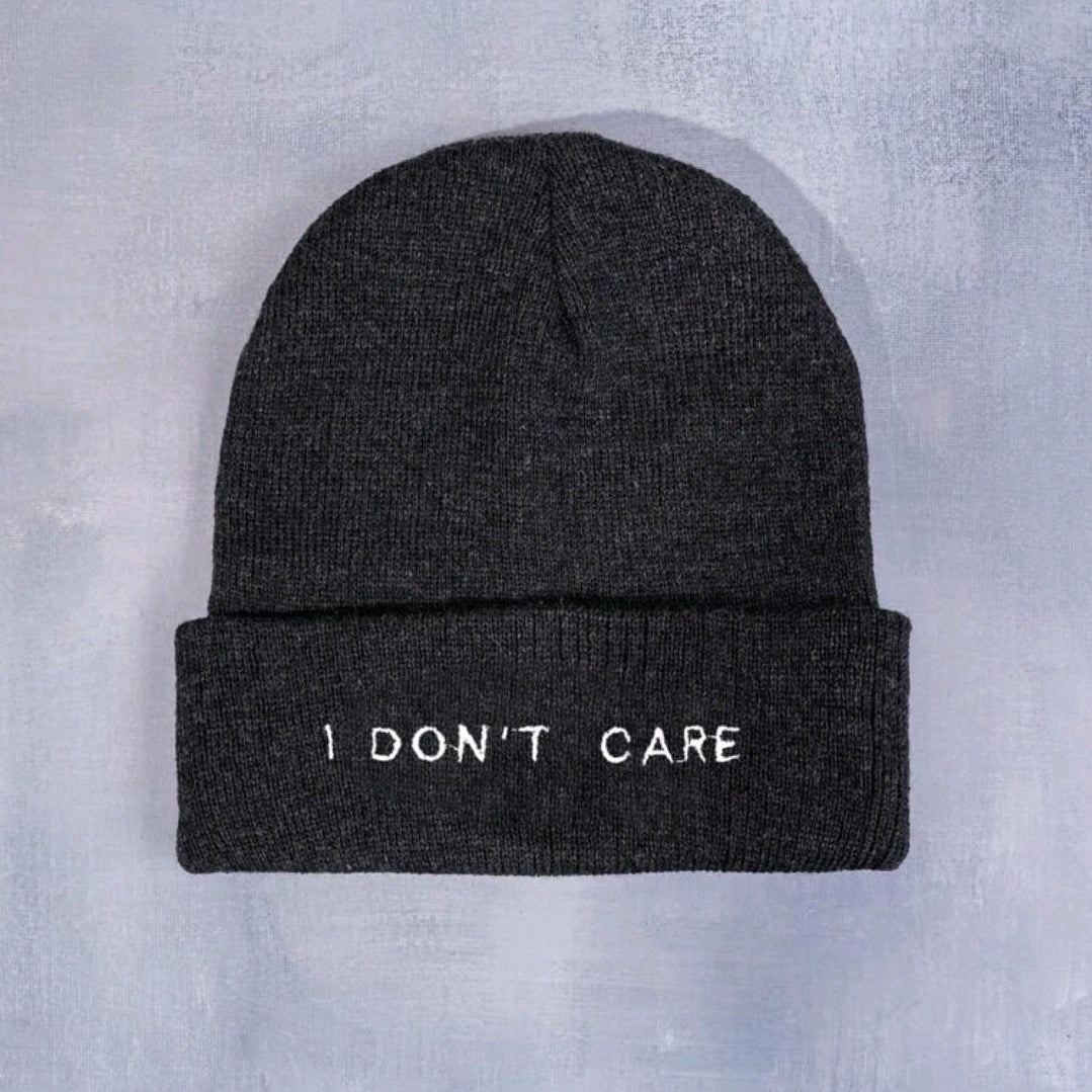 Embroidered I Don't Care Knit Beanie-Heather Gray