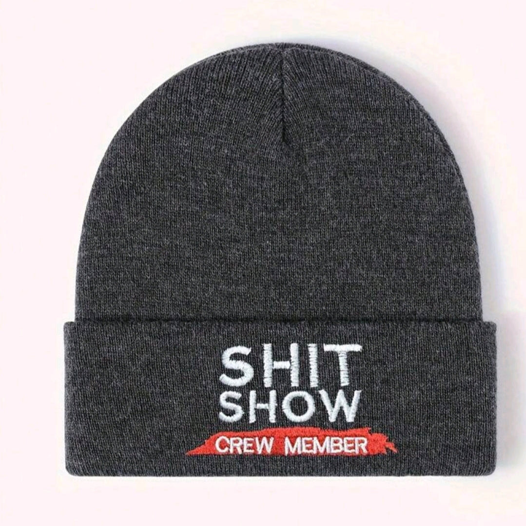 Embroidered Shit Show Crew Member Knit Beanie-Dark Heather Grey