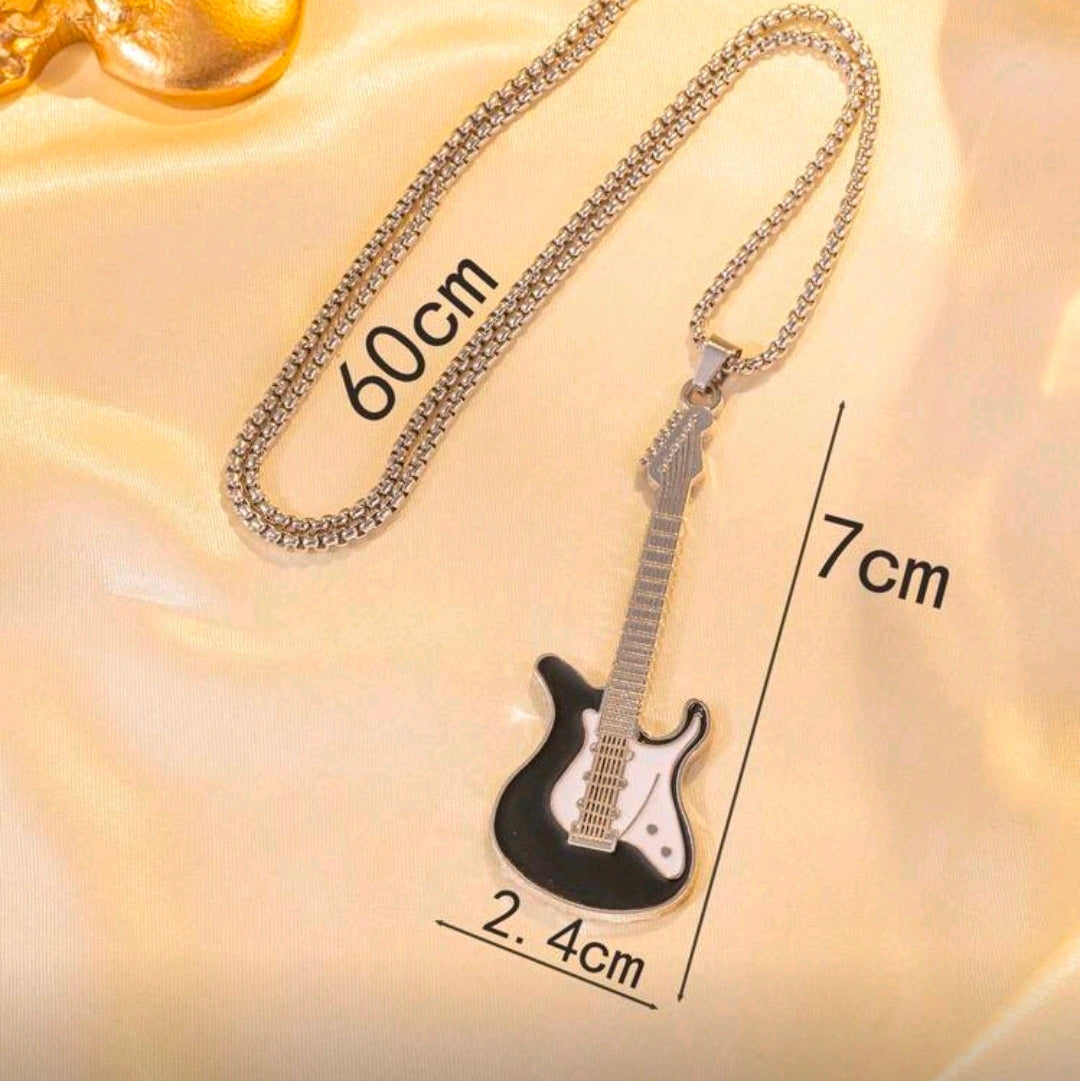 Stainless Steel Guitar Pendant Necklace-Black