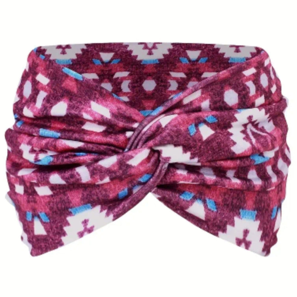 Aztec Print Boho Knot Headband-Maroon and White