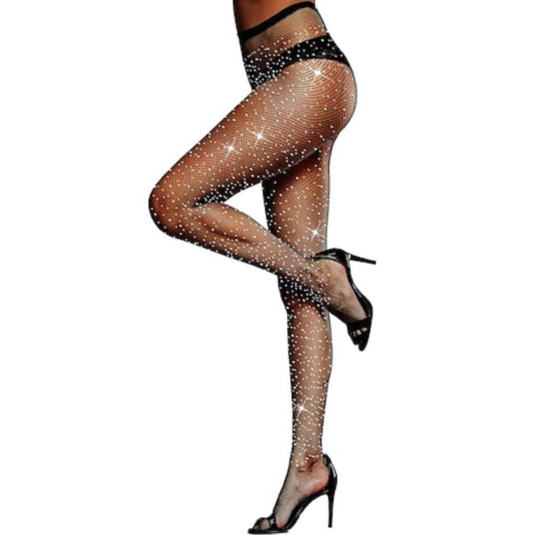 Women's Back Seam High Waist Rhinestone Tights-Black