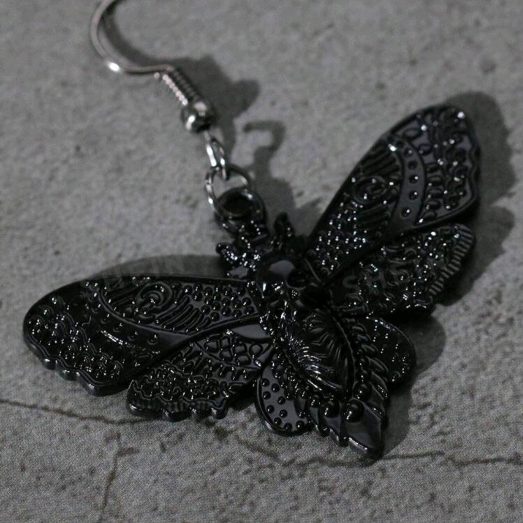 Gothic Black Moth Pendant Earrings