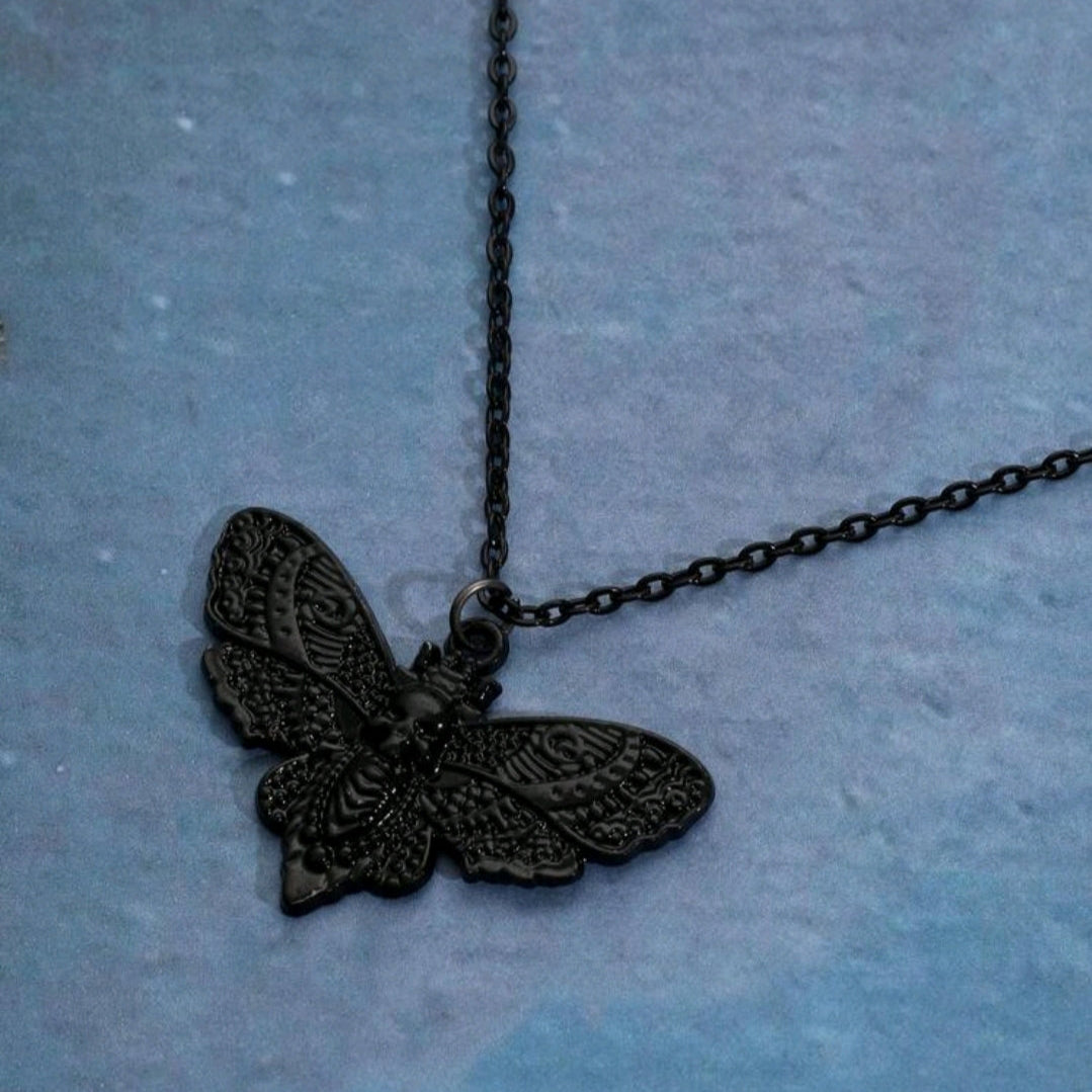 Gothic Black Moth Pendant Necklace