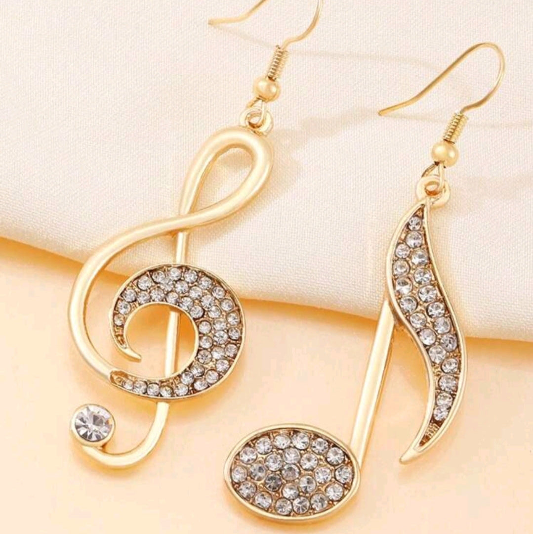 Music Note Design Earrings with Rhinestones