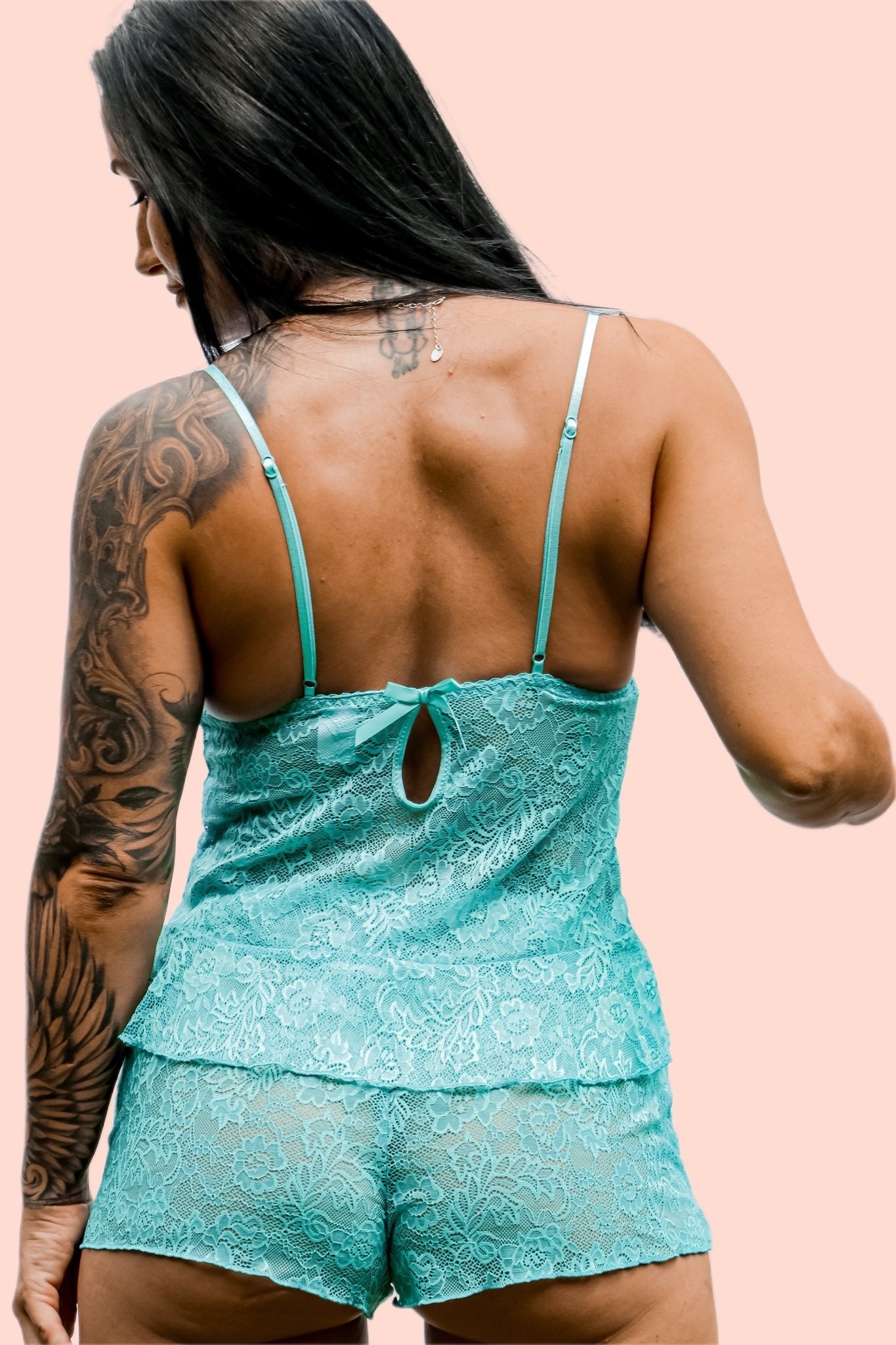linea donatella all over lace jade cami with matching shorts back view