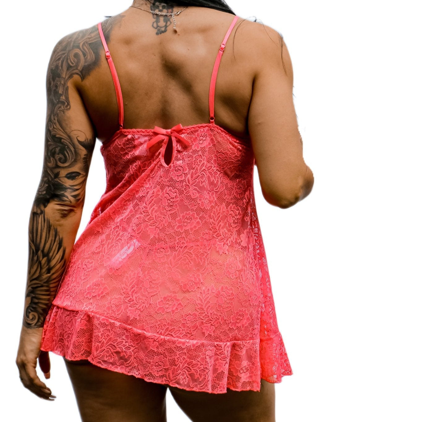 Linea Donatella coral lace babydoll with matching g-string back view