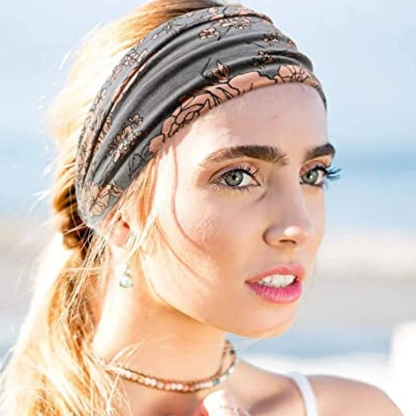 Floral Print Boho Headband-Grey and Pink
