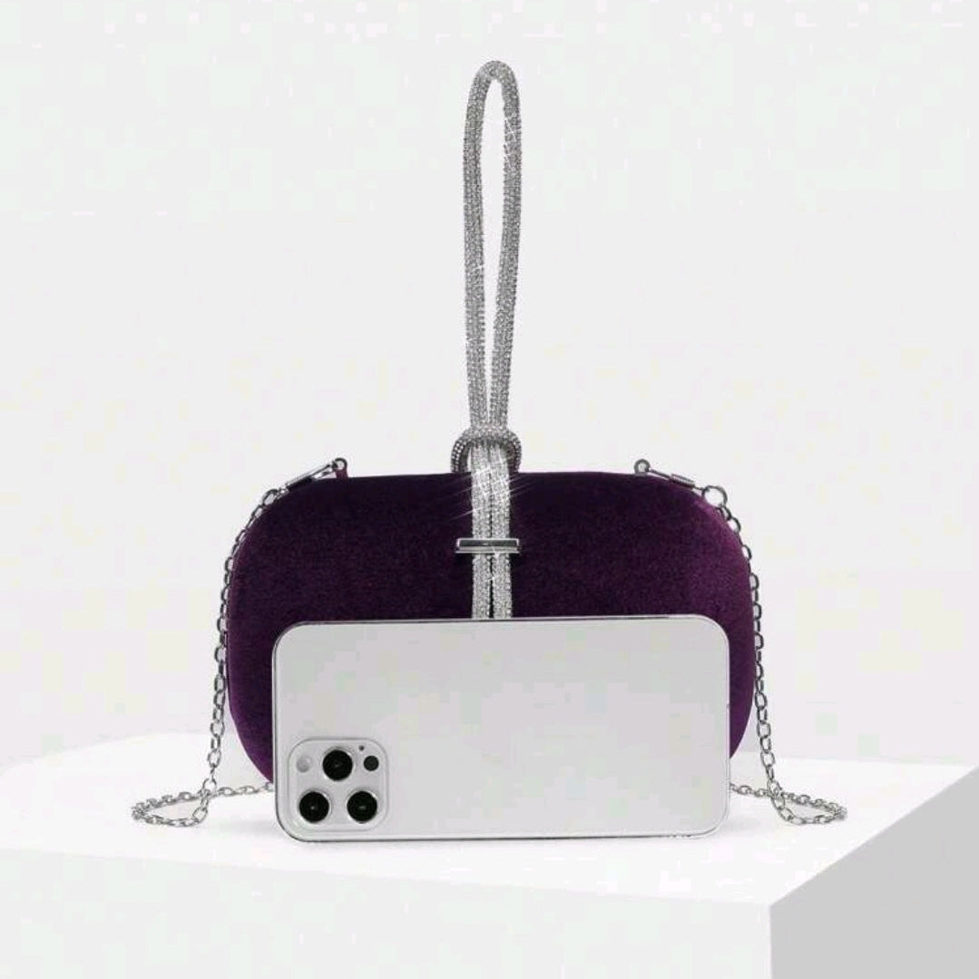 Velvet Rhinestone Handle Clutch-Purple
