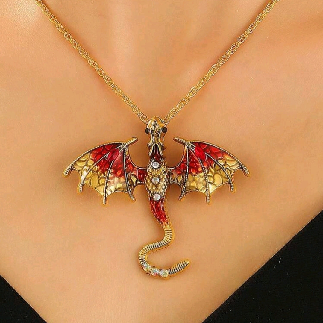 Rhinestone Dragon Necklace-Red