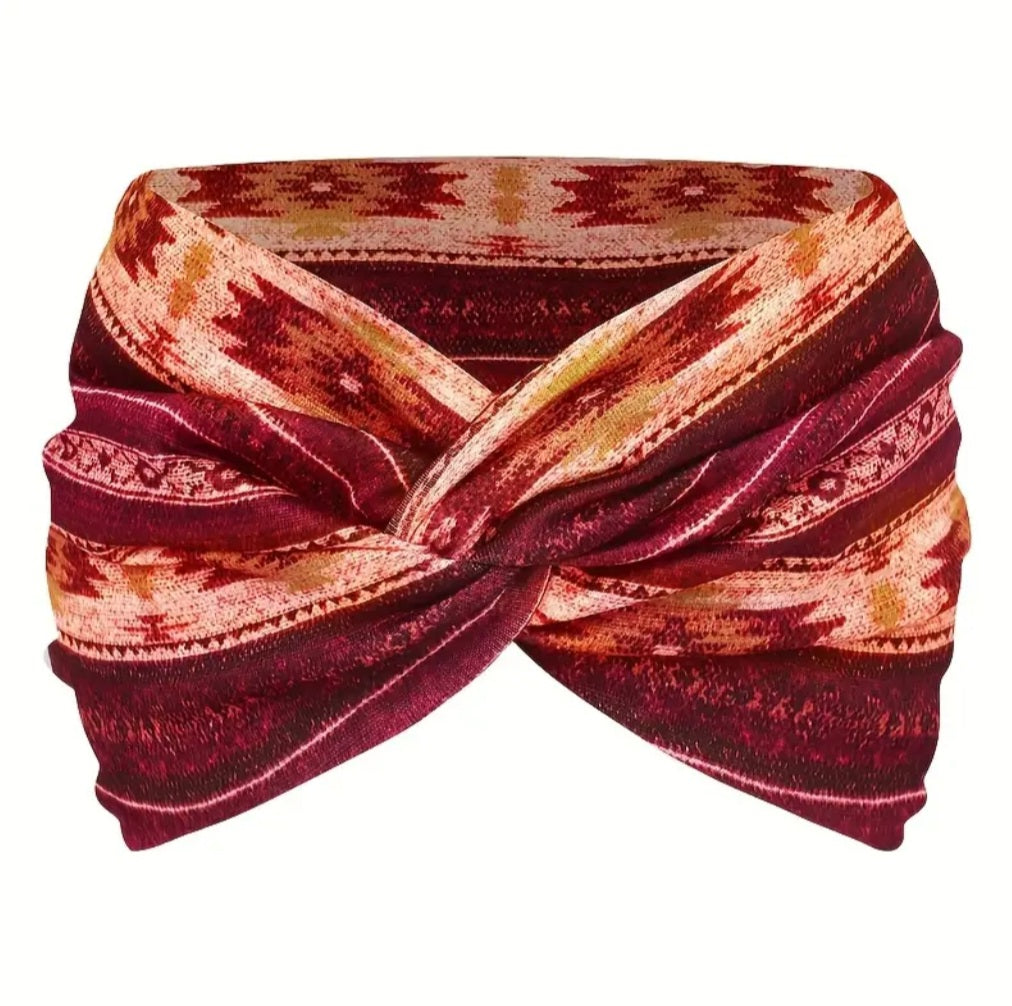 Aztec Print Boho Knot Headband-Burgundy and Orange