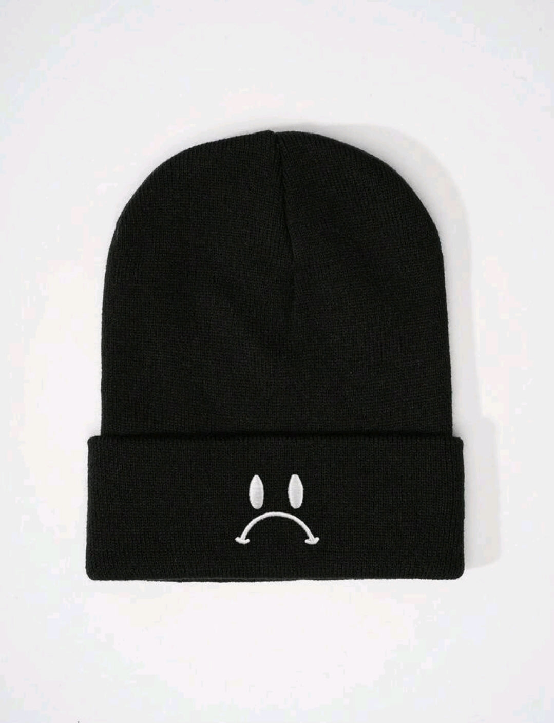 Embroidered Sad Face Knit Beanie-Black