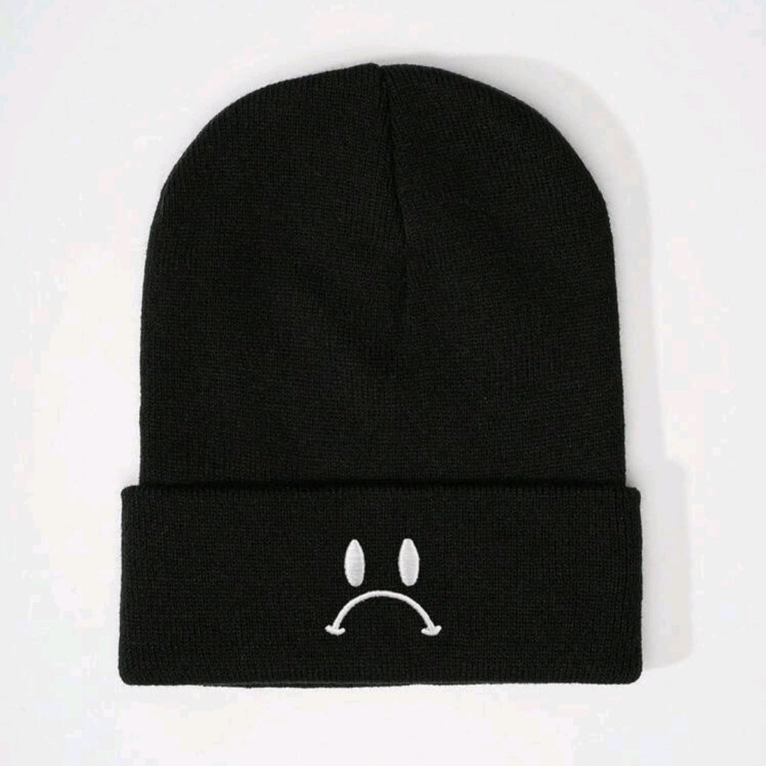 Embroidered Sad Face Knit Beanie-Black
