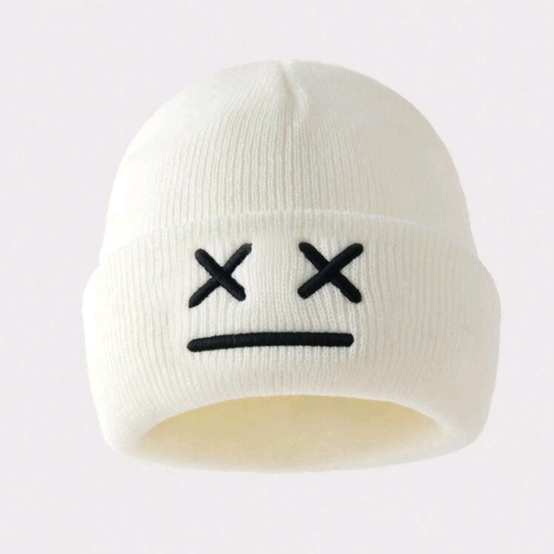 Embroidered Eye Knit Beanie-White