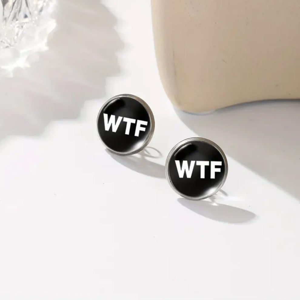 WTF Button Style Earrings-Black