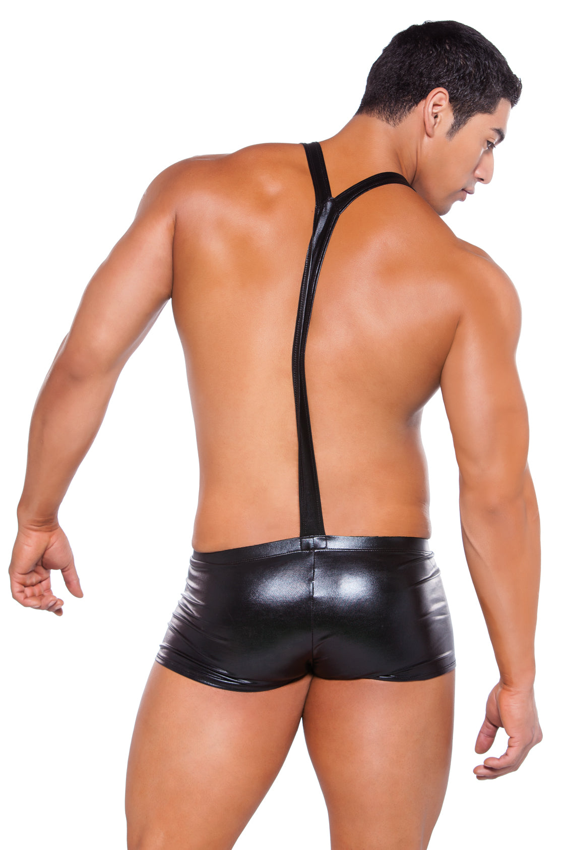 mens black wet look shorts with suspenders back view