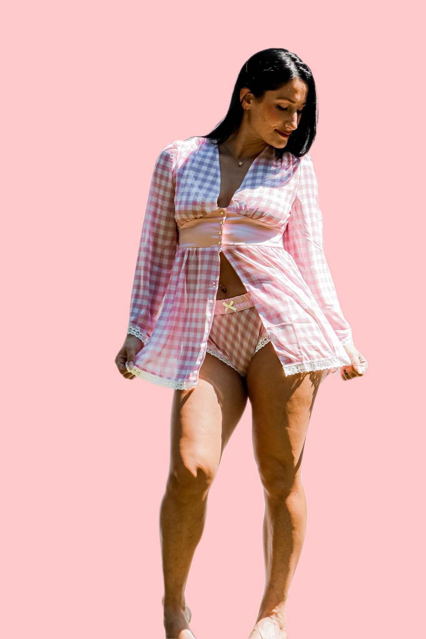 Kilo Brava pink gingham robe with satin belt lace trim and yellow details front view