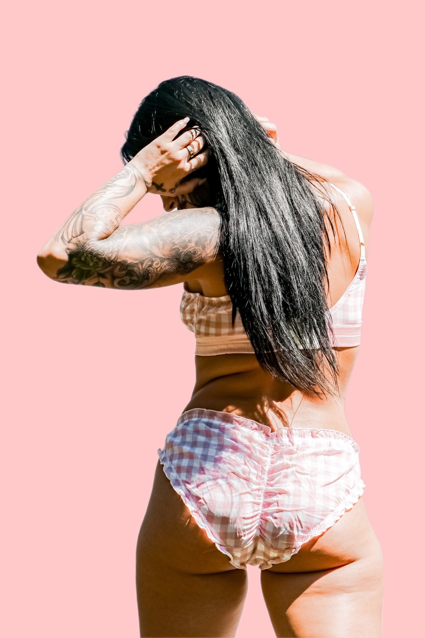 Kilo Brava pink gingham triangle bralette with white lace trim back view