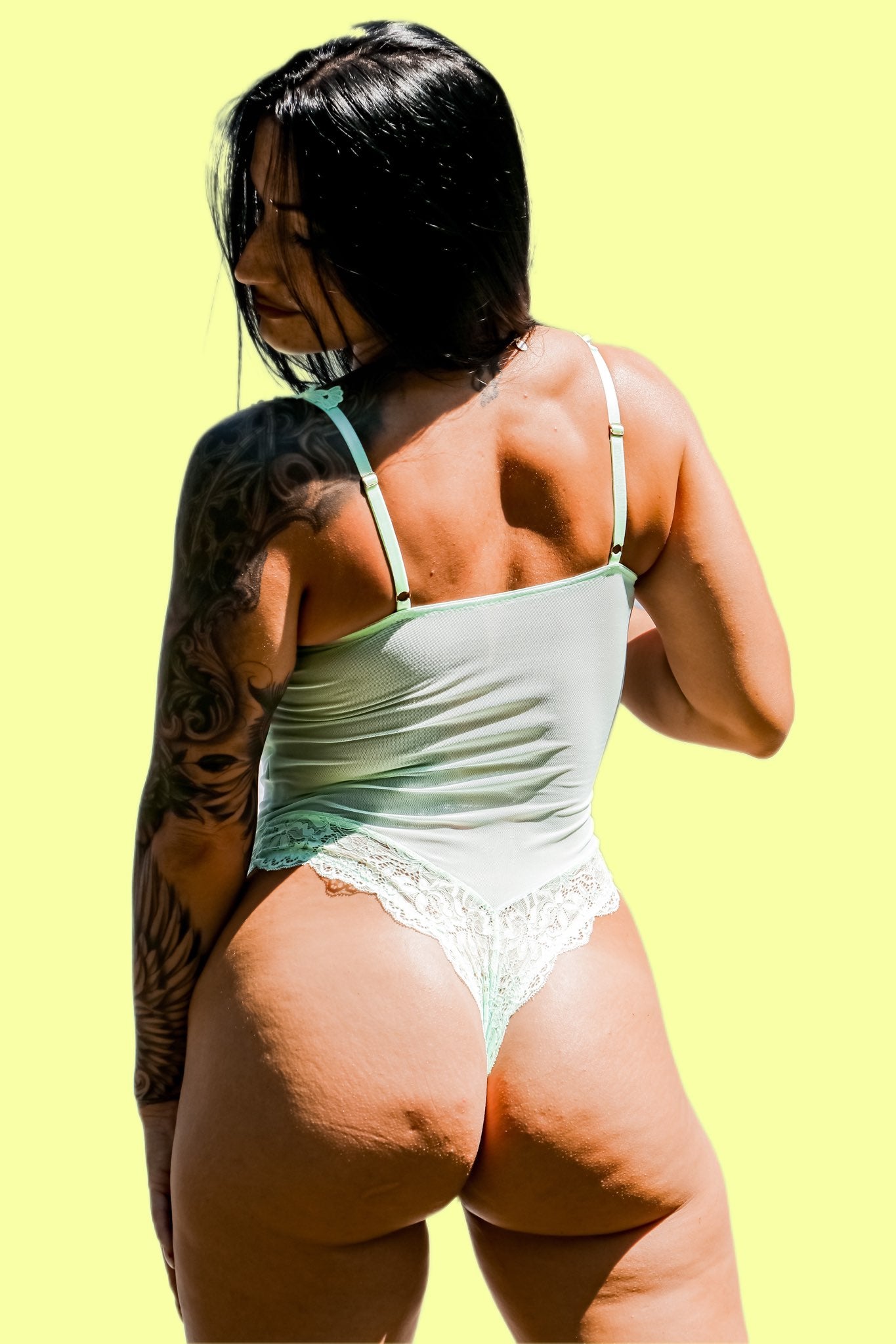Kilo brava mist green bodysuit with underwire and lace applique back view