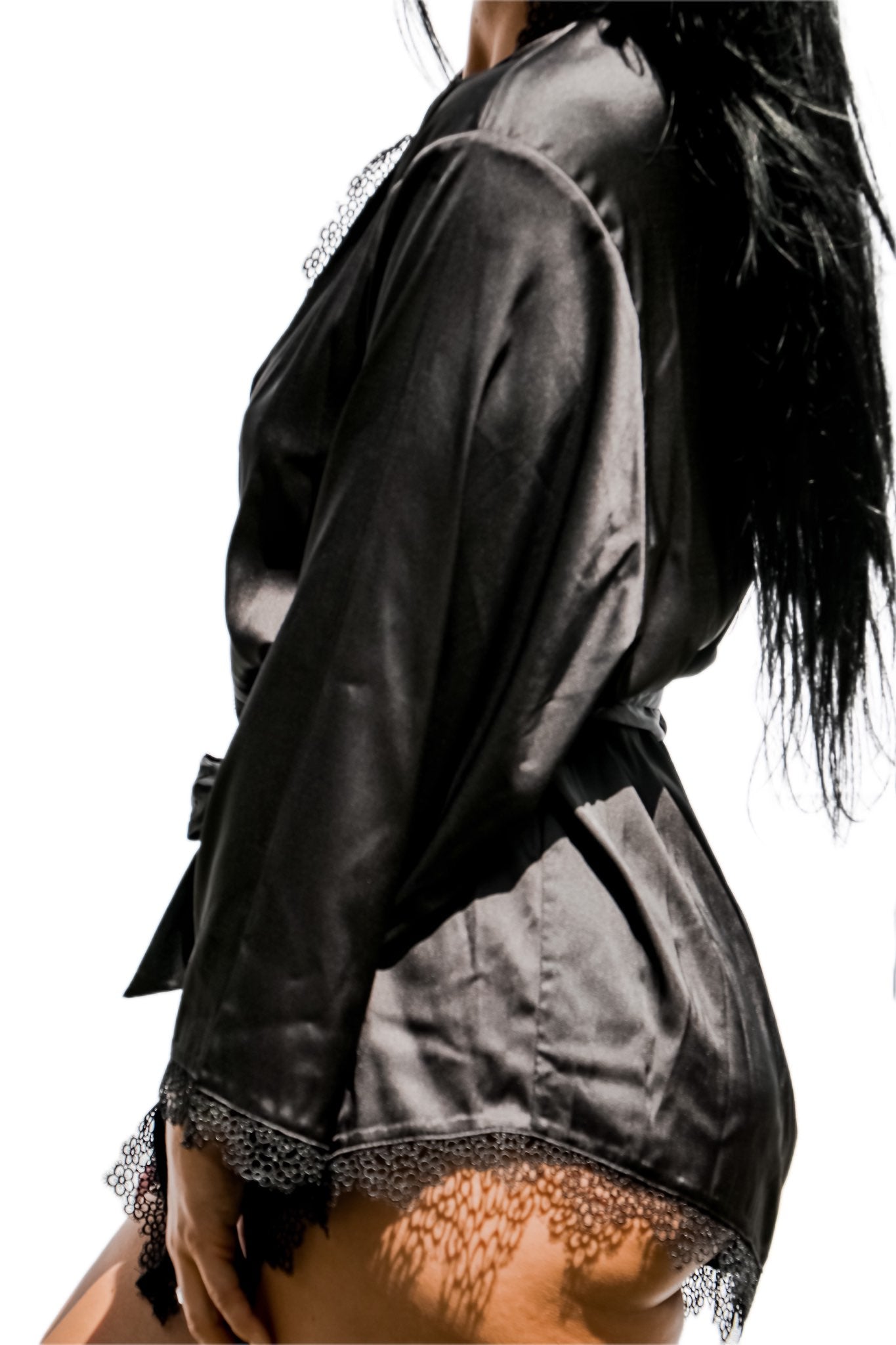 wolf and whistle black satin robe with lace trim front view