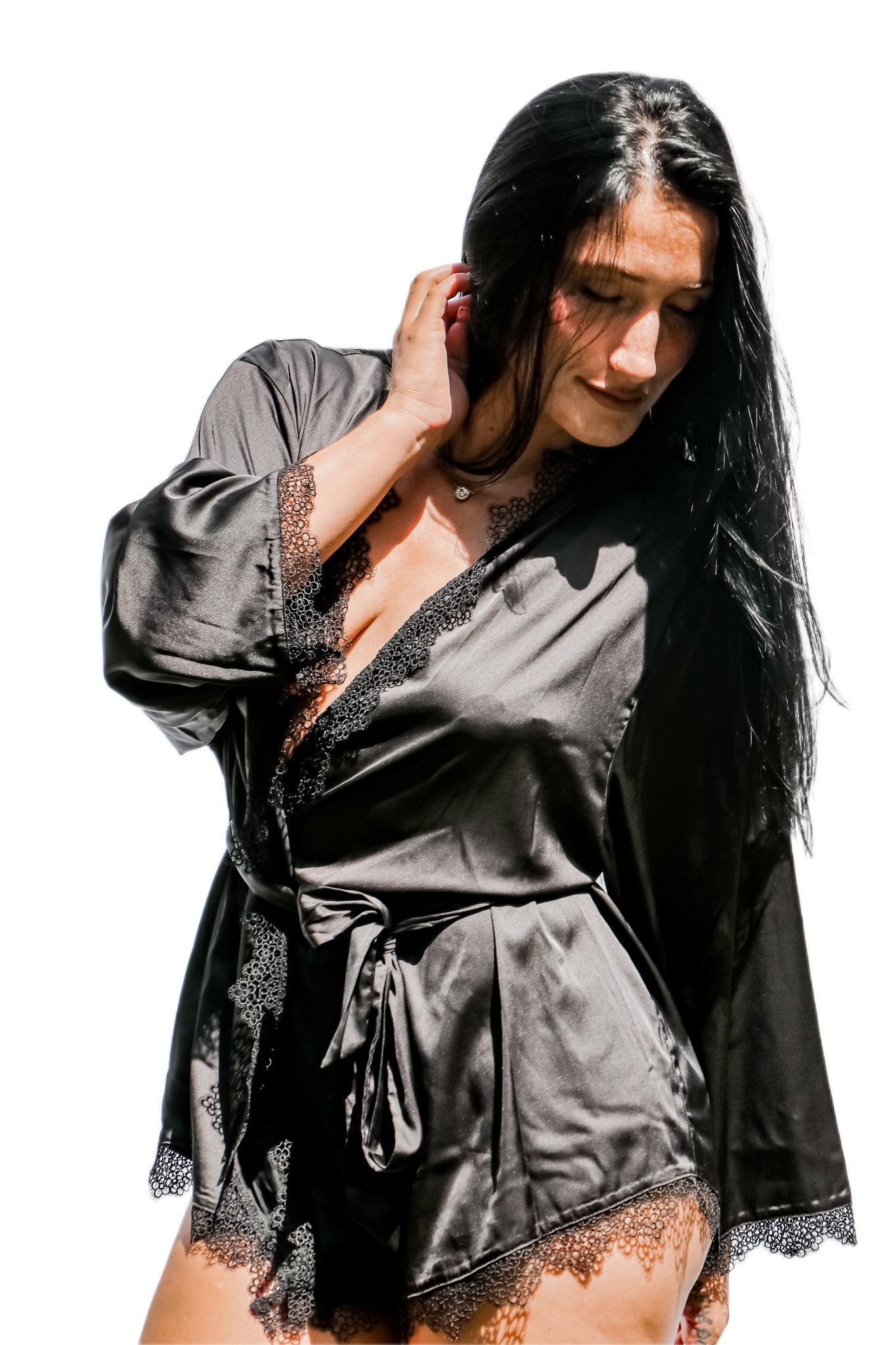 wolf and whistle black satin robe with lace trim front view