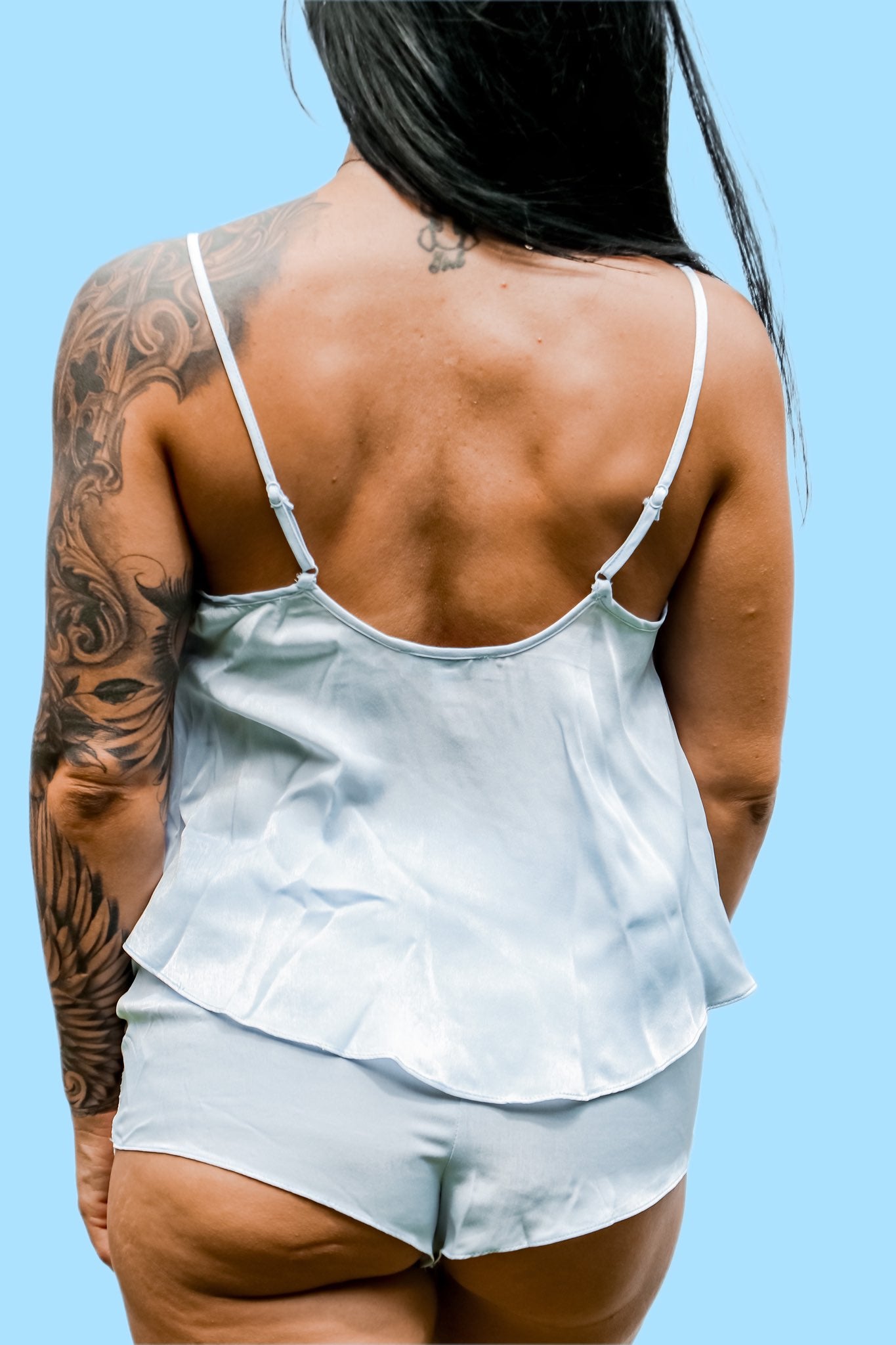 Blue satin cami short set with lace on shorts and cami back view