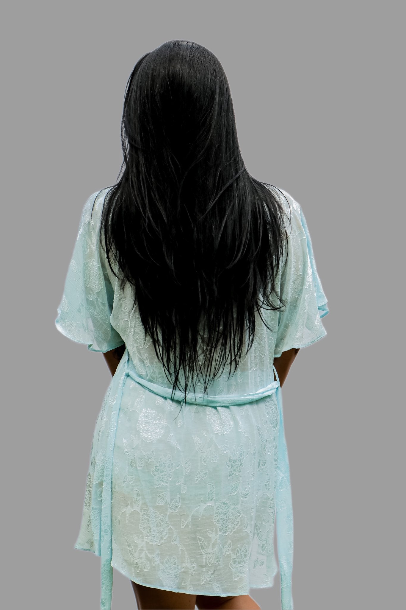 short Blue jacquard pattern robe with lace trim back view