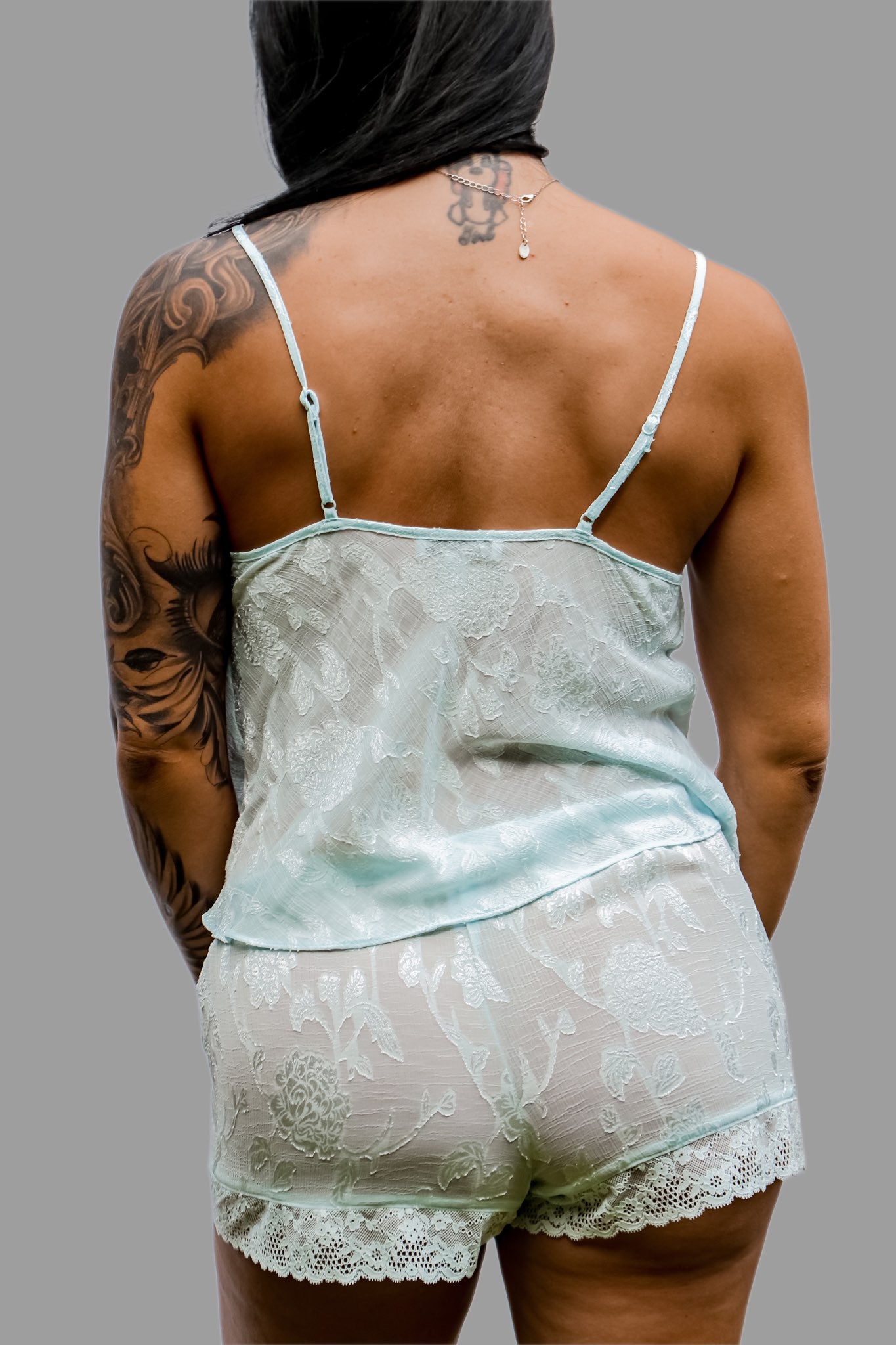 Blue jacquard cami short set with lace trim front view