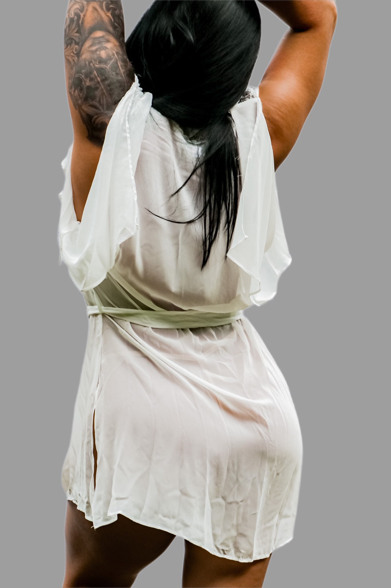 sheer white robe with lace trim and split sleeves back view