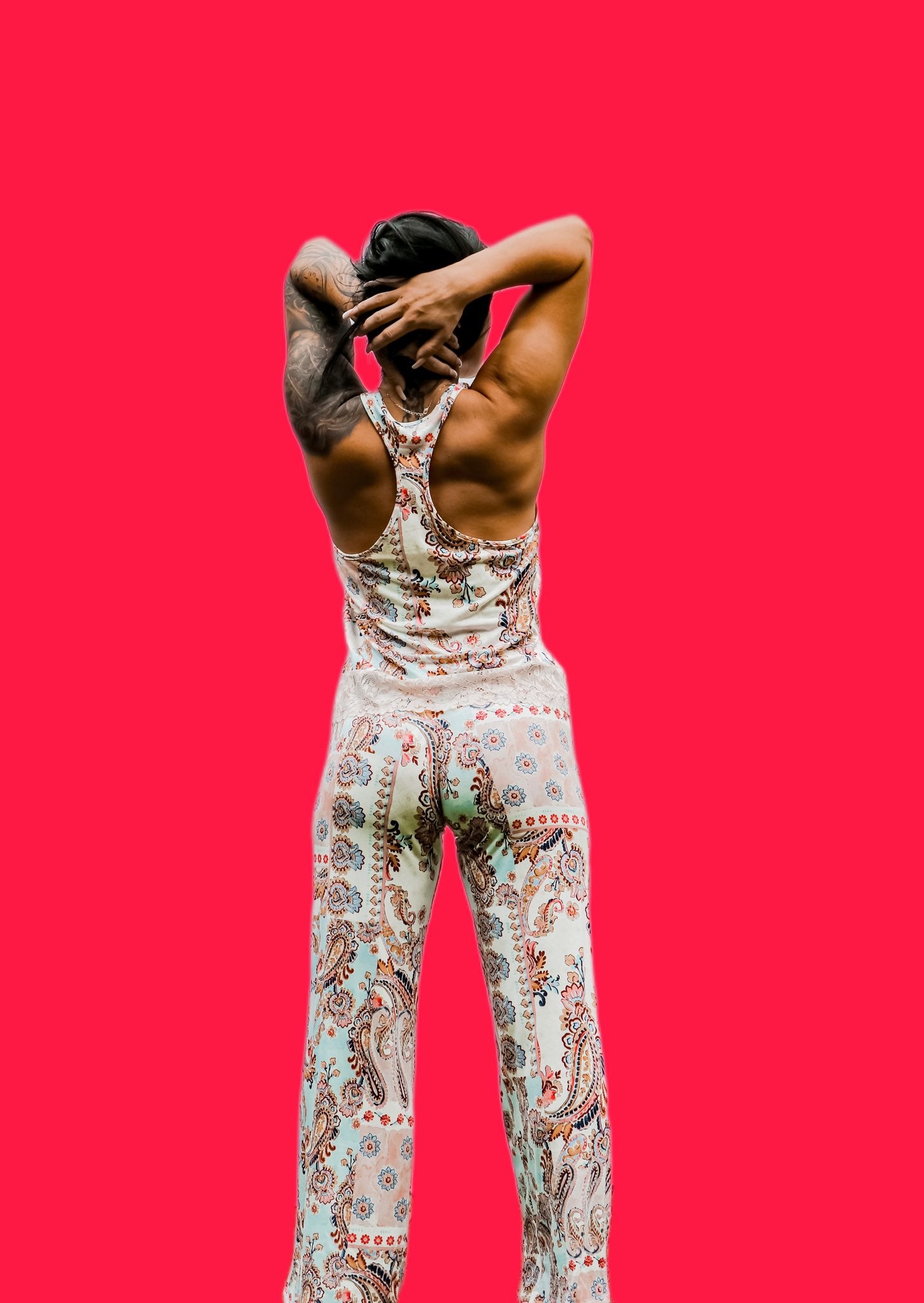 pale peach cotton paisley pajama pant set with racer back top with lace trim back view