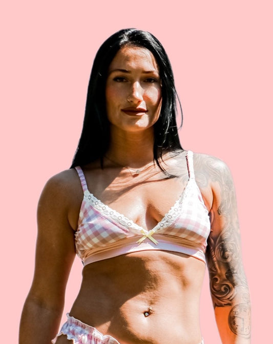 Kilo Brava pink gingham triangle bralette with white lace trim front view