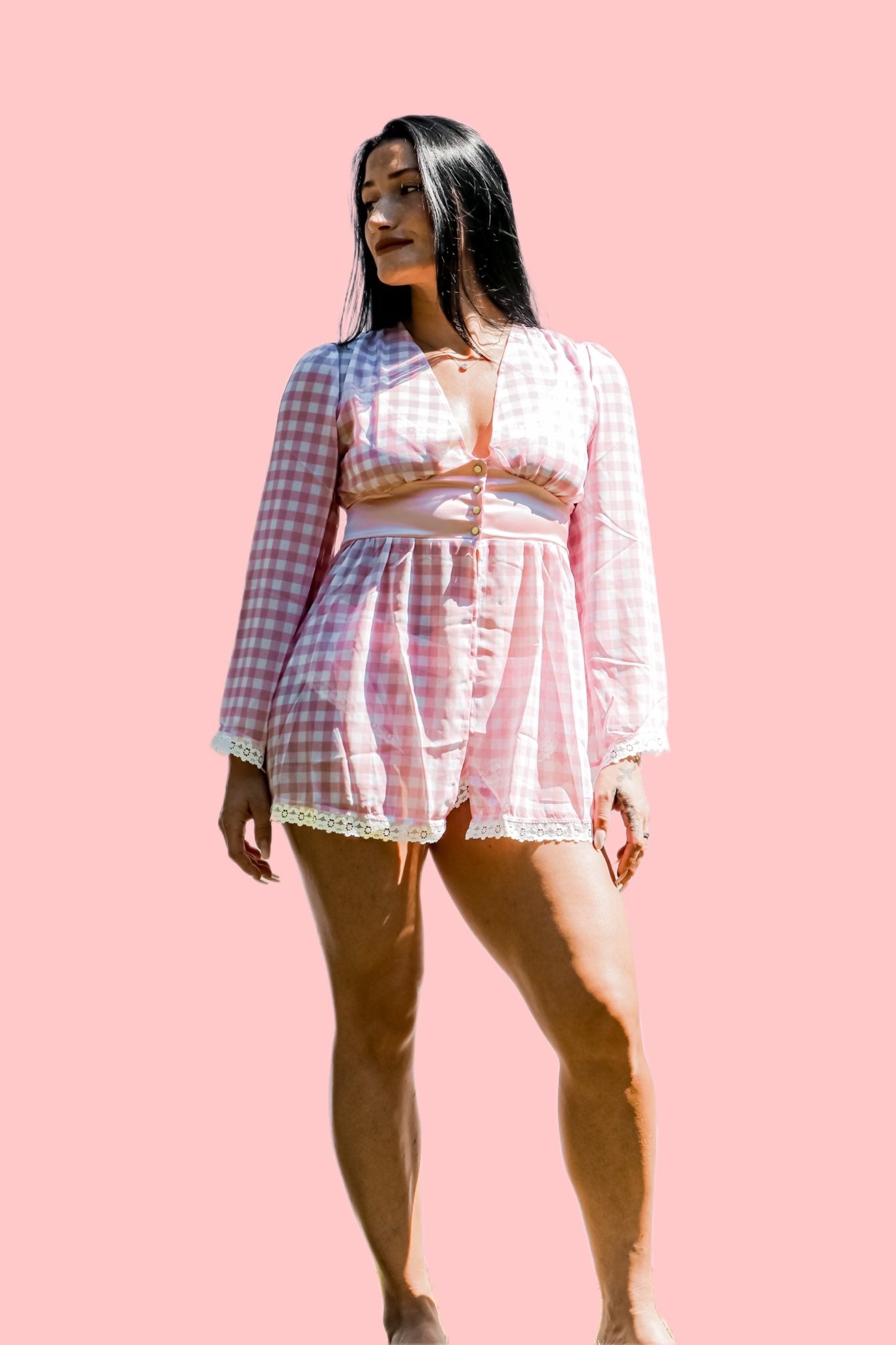 Kilo Brava pink gingham robe with satin belt lace trim and yellow details front view