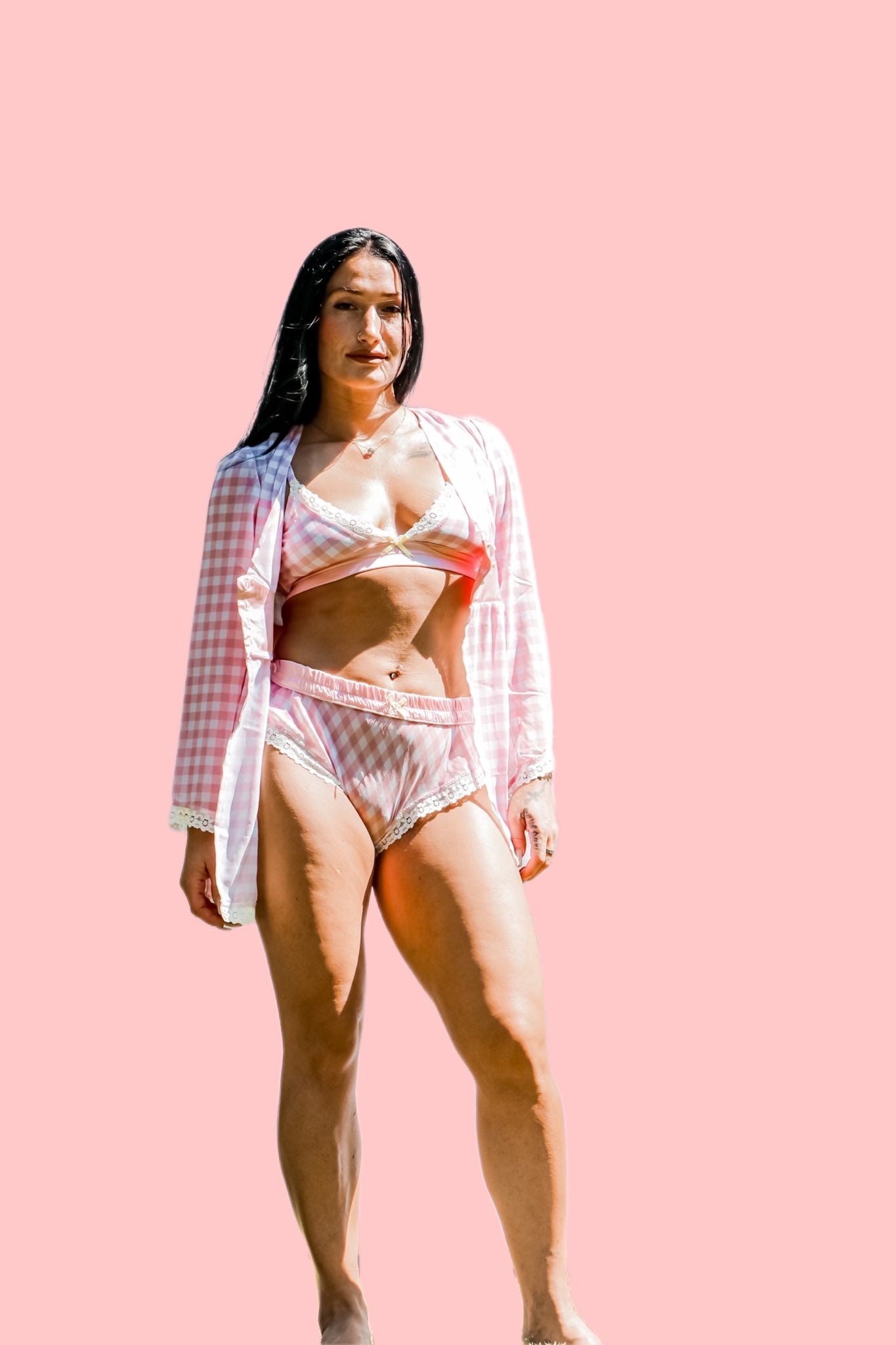 Kilo Brava pink gingham robe with satin belt lace trim and yellow details front view