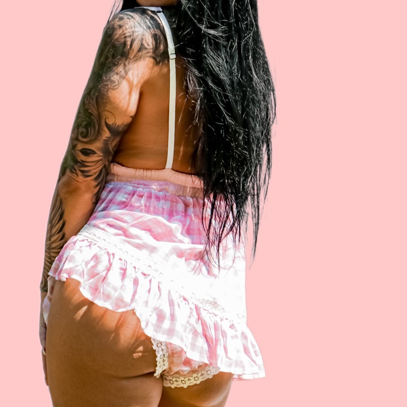 kilo brava pink gingham babydoll with yellow accents white lace trim back view