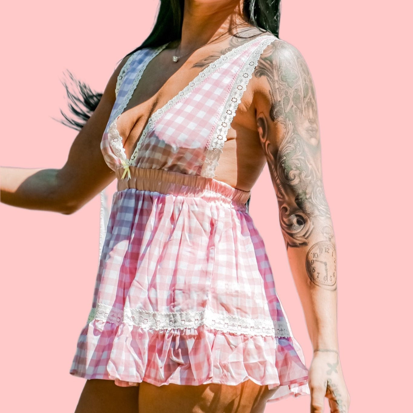 kilo brava pink gingham babydoll with yellow accents white lace trim front view