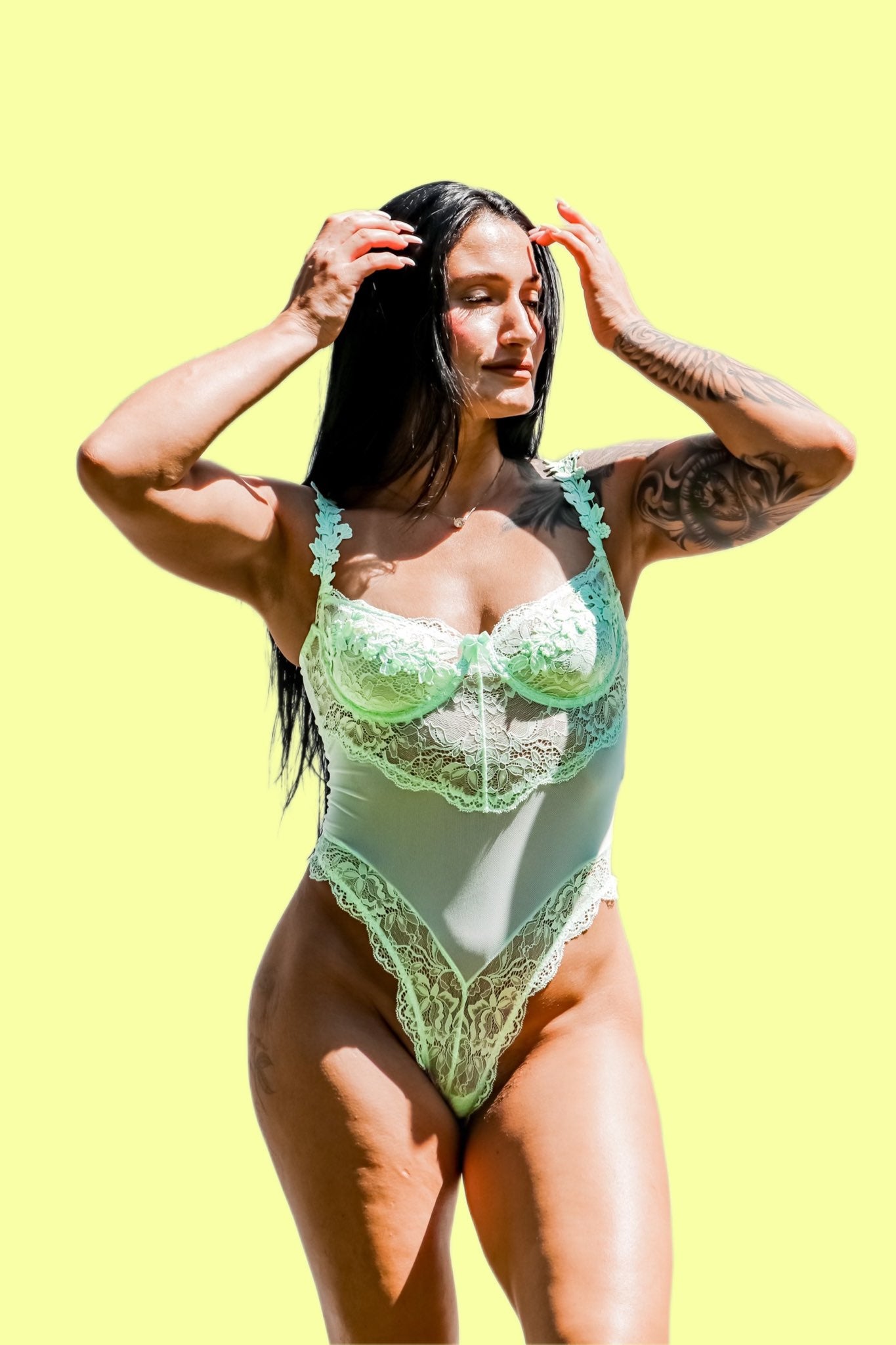 Kilo brava mist green bodysuit with underwire and lace applique front view