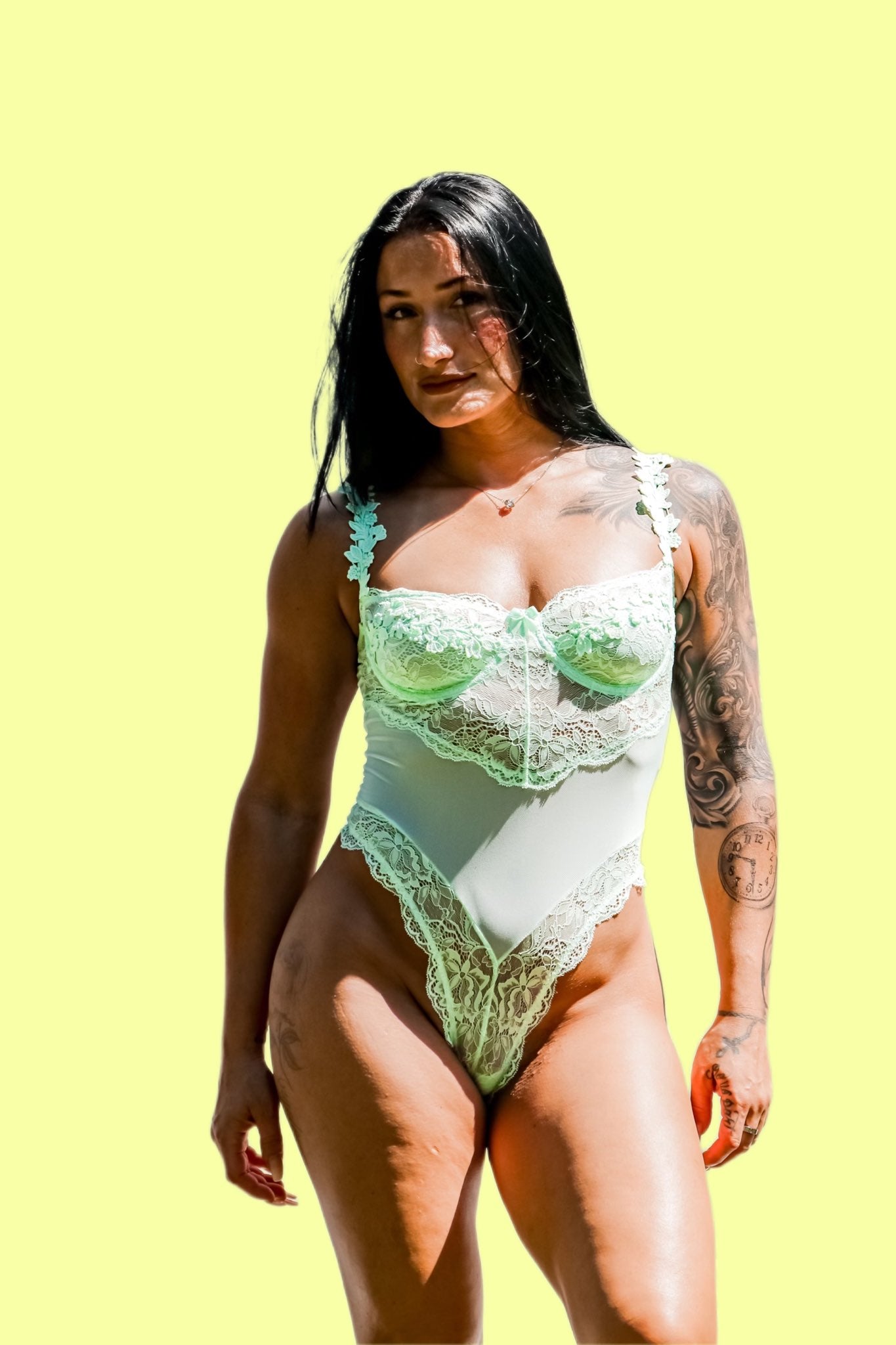 Kilo brava mist green bodysuit with underwire and lace applique front view