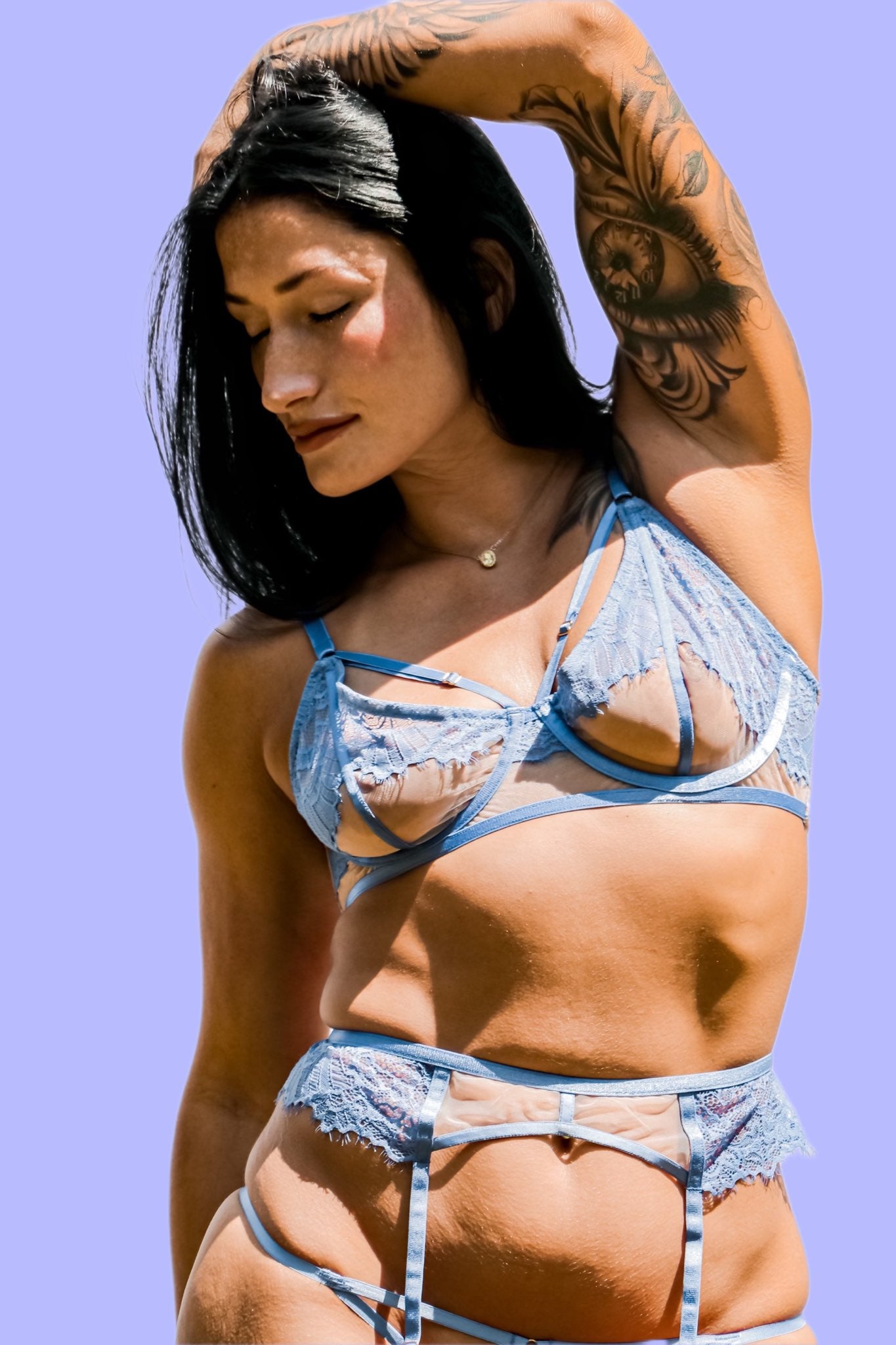 hustler blue bras with sheer mesh and lace applique front view
