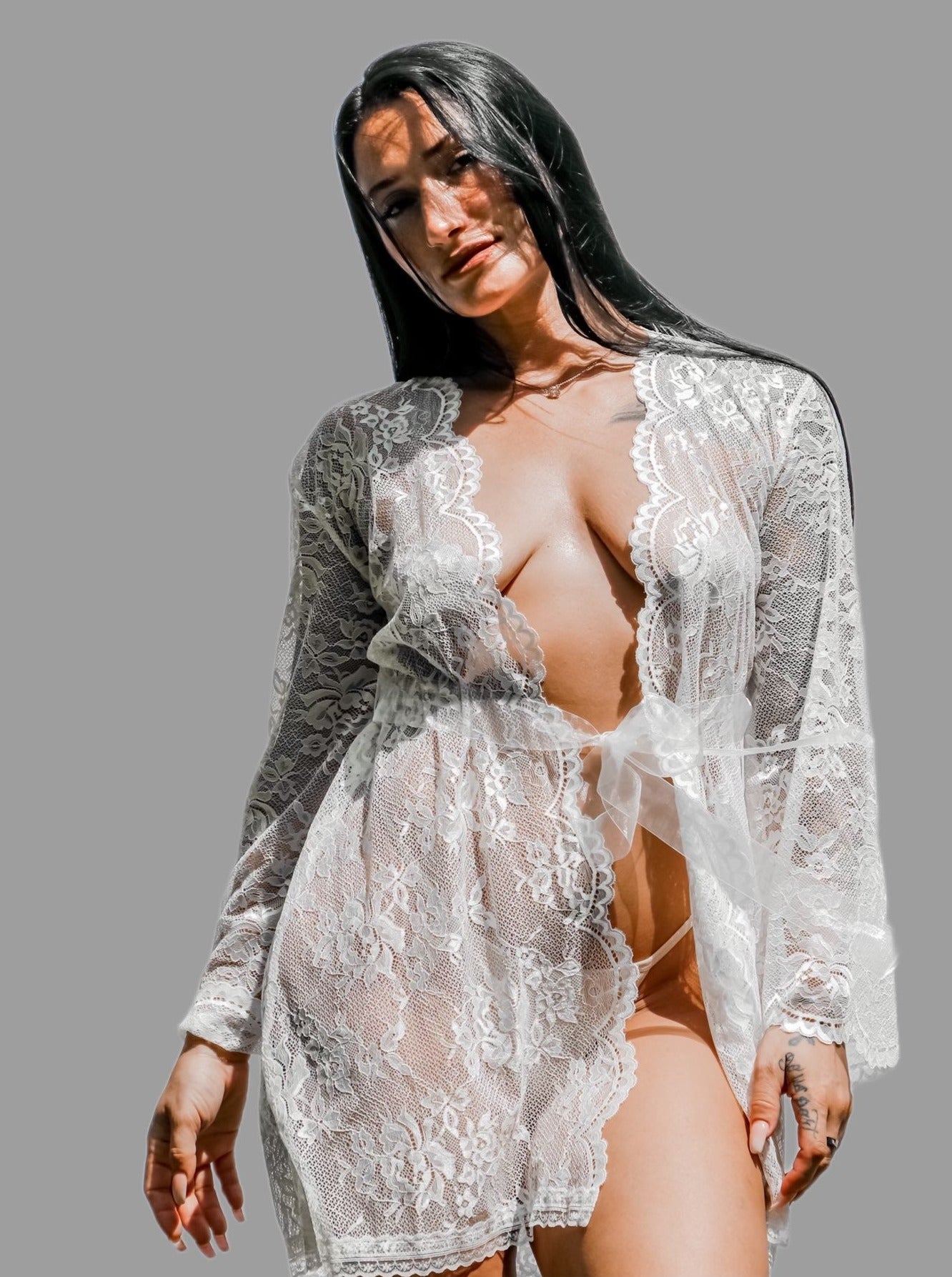 White all over lace robe with sheer ribbon sash tie front view