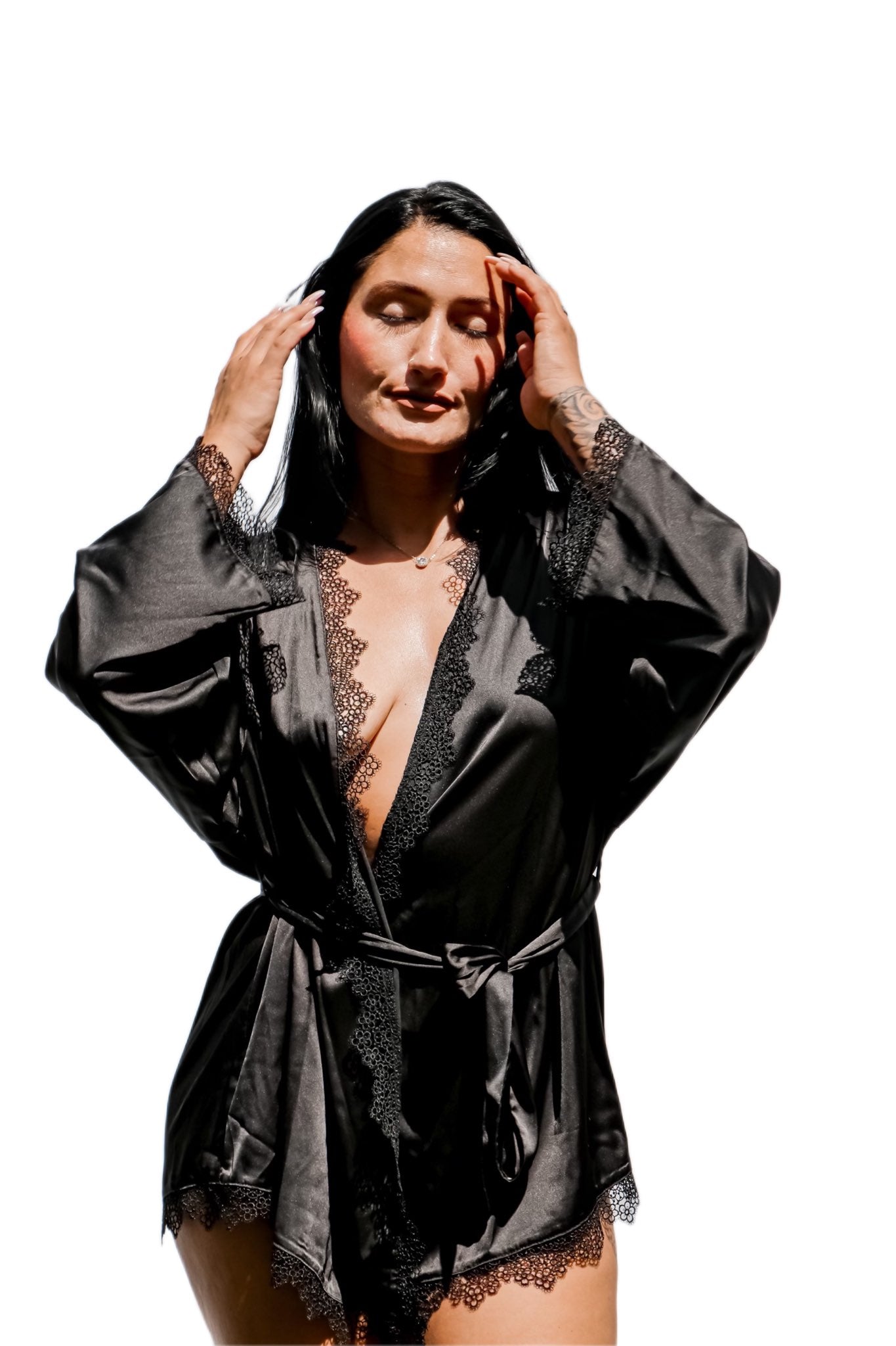 wolf and whistle black satin robe with lace trim front view