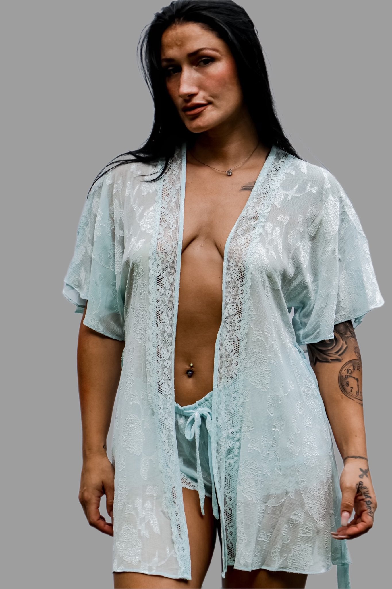 short Blue jacquard pattern robe with lace trim