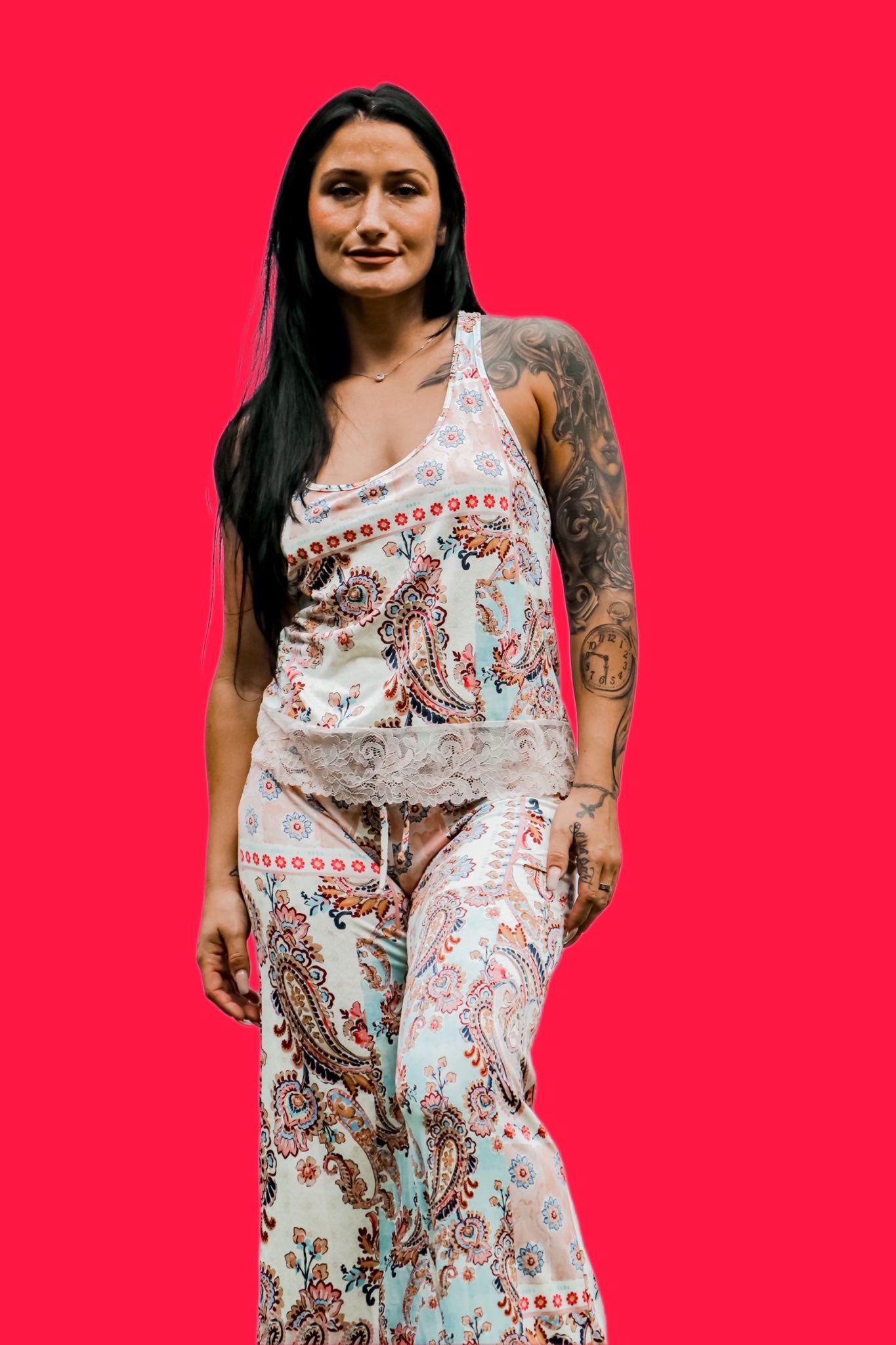 pale peach cotton paisley pajama pant set with racer back top with lace trim front view