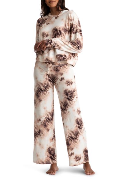 Cream and brown tie die hoodie loungewear pajama set front view