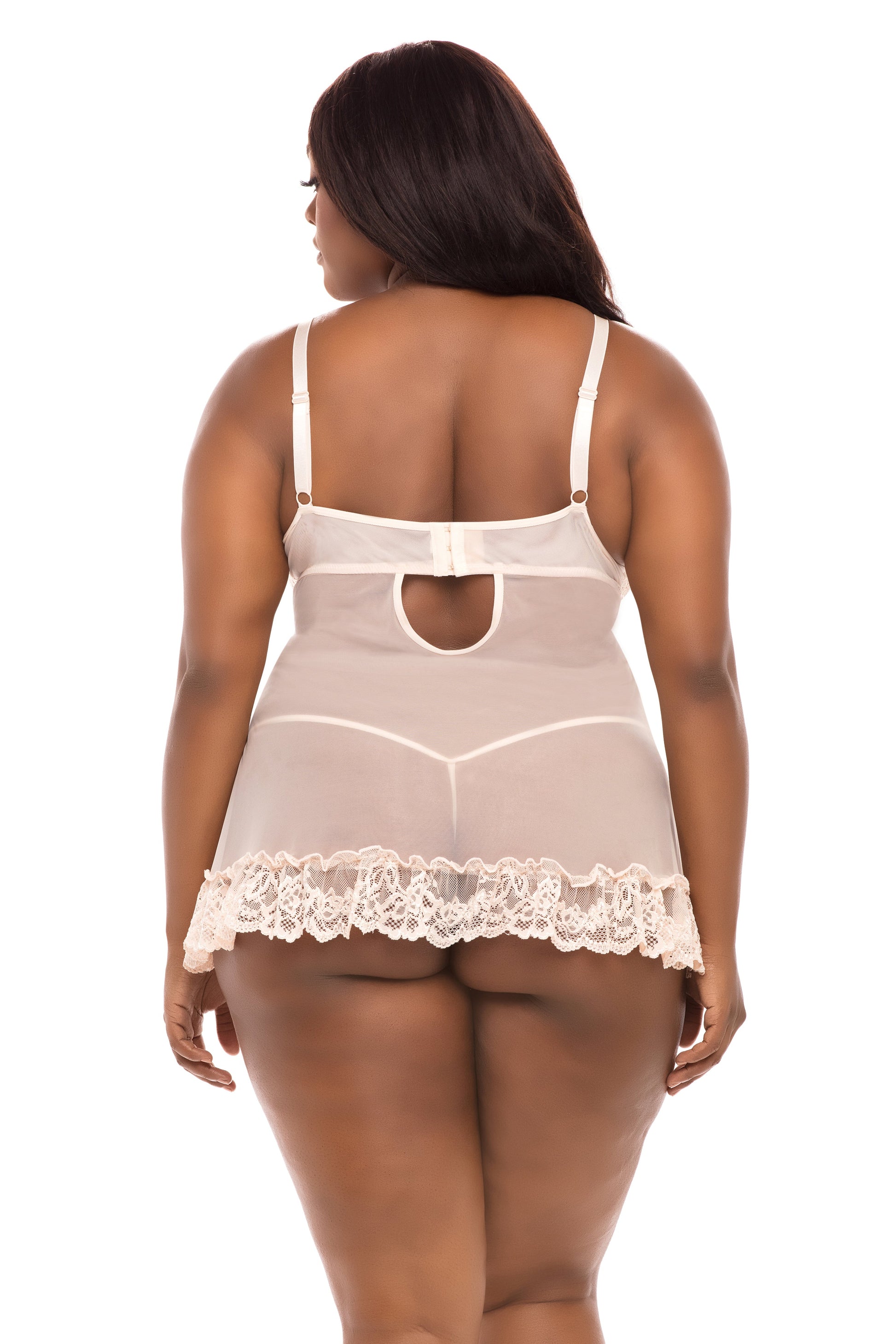 Silver ivory chemise with lace top and matching g-string back view