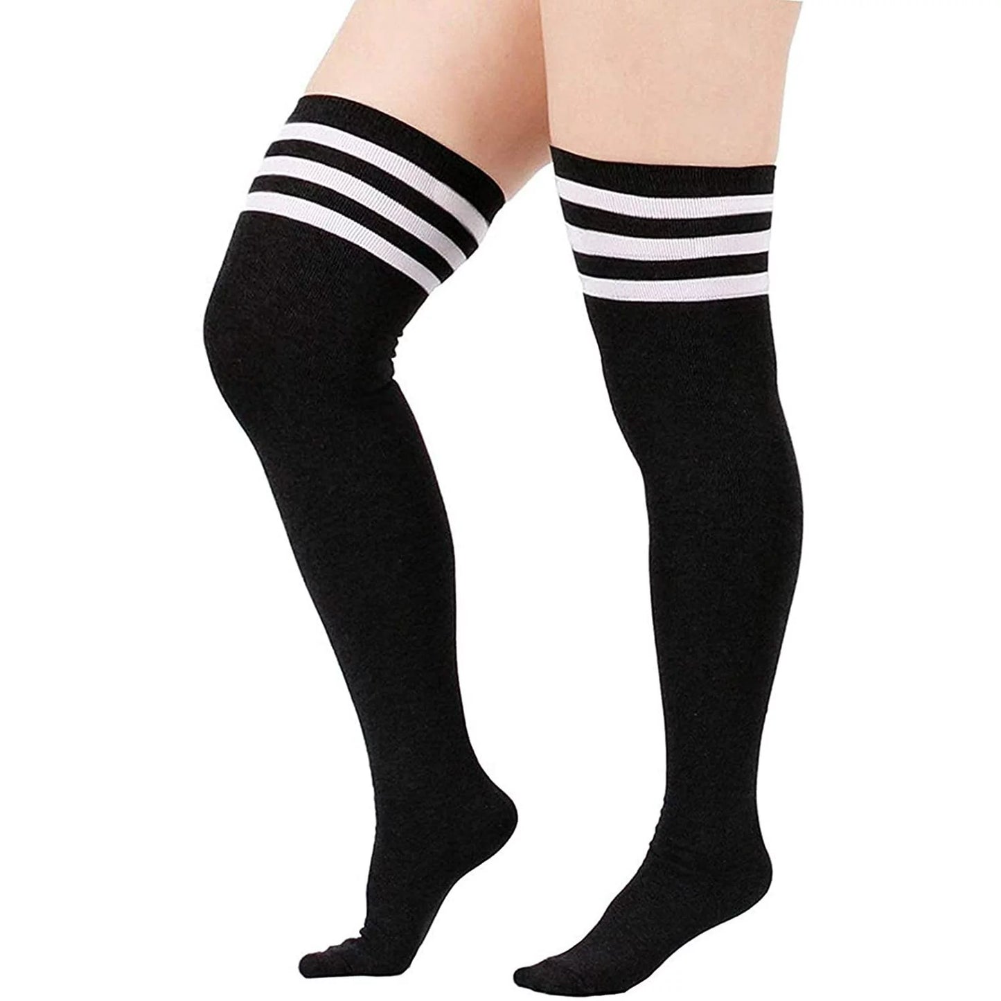 Plus Size Women's Thigh High Socks-Black and White Stripe